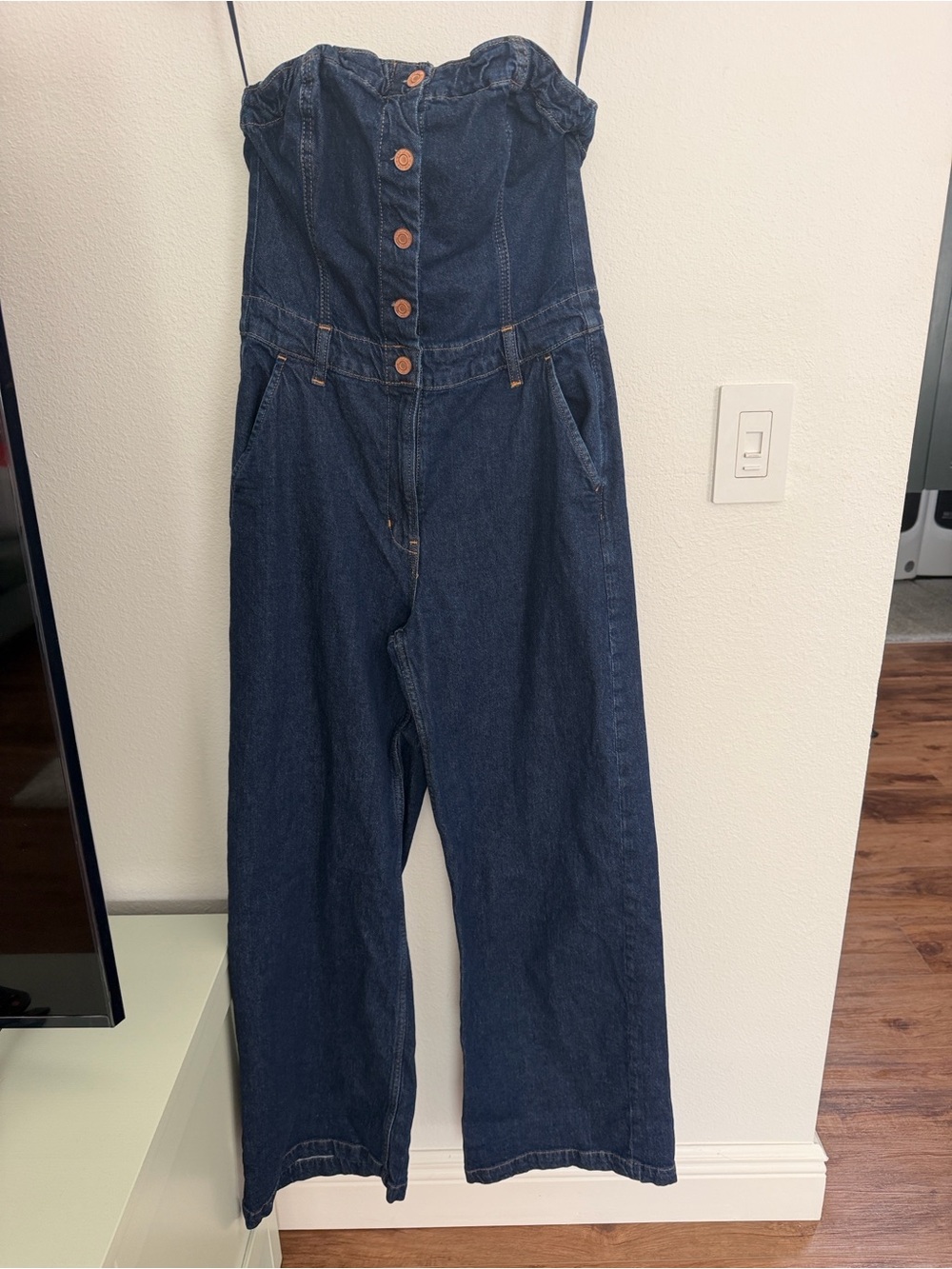GAP Dark Blue Strapless Denim Button-Front Jumpsuit - Picture 3 of 11